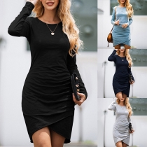 Solid Color Round Neck Irregular Hem Long Sleeve Slim Fit Dress