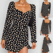 Sexy Square Collar Long Sleeve Daisy Printed Dress