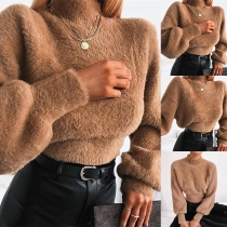 Fashion Solid Color Lantern Sleeve High Collar Knit Top