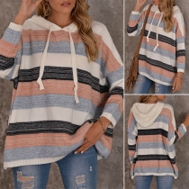 Fashion Long Sleeve Hooded Contrast Color Striped Sweatshirt