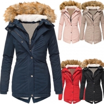 Fashion Solid Color Faux Fur Spliced Hooded Plush Lining Padded Coat