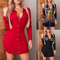 OL Style Long Sleeve POLO Collar Slim Fit Shirt Dress