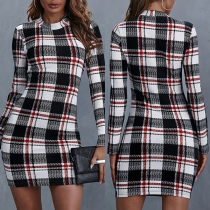 Fashion Long Sleeve Round Neck Slim Fit Plaid Dress