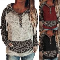 Fashion Leopard Printed Spliced Long Sleeve Hooded Sweatshirt