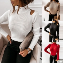 Sexy Off-shoulder Long Sleeve Mock Neck Solid Color Slim Fit Top
