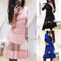 Sexy Gauze Spliced Ruffle Hem 3/4 Sleeve Round Neck Dress