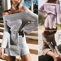 Sexy Off-shoulder Boat Neck Long Sleeve Ruffle Hem Slim Fit Dress