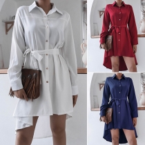 OL Style Long Sleeve POLO Collar High-low Hem Shirt Dress