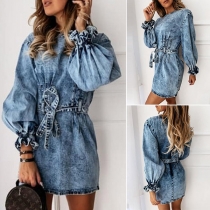 Retro Style Lantern Sleeve Round Neck Slim Fit Denim Dress