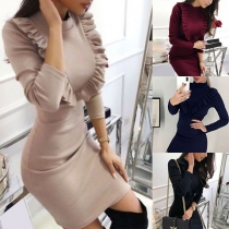 Mode enfärgad långärmad rund hals Slim Fit volangklänning