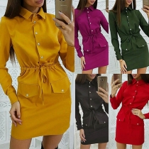 OL Style Long Sleeve POLO Collar Drawstring Waist Solid Color Dress