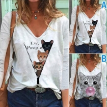 Långärmad V-ringad T-shirt med Sött Katttryck