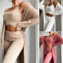 Fashion Solid Color Crop Top + byxor + långärmad kofta i tre delar