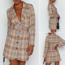 OL Style Long Sleeve Notched Lapel Plaid Blazer