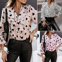 Sweet Style Ruffle V-neck Long Sleeve Printed Blouse