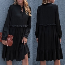 Fashion Solid Color Long Sleeve Ruffle Hem Loose Dress