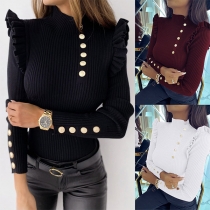 Mode enfärgad långärmad Mock Neck Ruffle Knit Top
