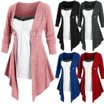 Fashion Contrast Color Long Sleeve Irregular Hem Mock Two-piece Top