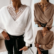 Sexy Lace Spliced V-neck Long Sleeve Solid Color Top