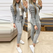 Fashion Long Sleeve Stand Collar Beaded Sweatshirt Coat + Pants Two-piece Set