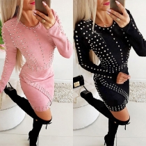 Fashion Long Sleeve Round Neck Slim Fit Rivets Dress