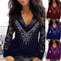 Sexy Lace Spliced Long Sleeve V-neck T-shirt