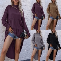 Fashion Solid Color Long Sleeve Mock Neck High-low Hem Dress