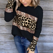 Fashion Leopard utskrift Splitsad långärmad tröja med rund hals