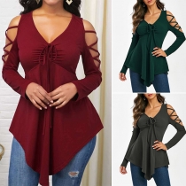Sexy Off-shoulder V-neck Long Sleeve Irregular Hem T-shirt