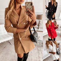 OL Style 3/4 Sleeve Notched Lapel Double-breasted Long Blazer