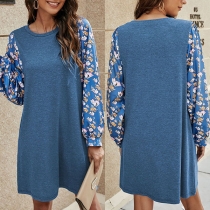 Fashion Printed Spliced Long Sleeve Round Neck Dress