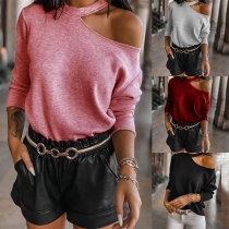 Sexy Off-shoulder Long Sleeve Solid Color T-shirt