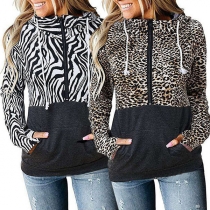 Fashion Zebra-stripe/Leopard Spliced långärmad tröja med huva