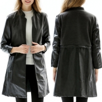 Fashion Solid Color Long Sleeve Stand Collar PU Leather Coat