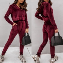 Fashion Solid Color Long Sleeve Hooded Sweatshirt + Pants Two-piece Set