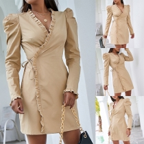 Elegant Solid Color Puff Sleeve V-neck Ruffle Slim Fit Dress