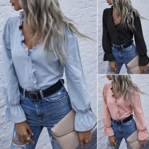 Sweet Style Long Sleeve V-neck Ruffle Shirt