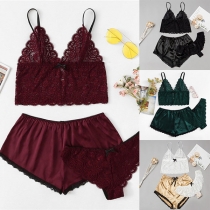 Sexy Backless Lace Spliced Sling Crop Tops + Shorts Nightwear Set