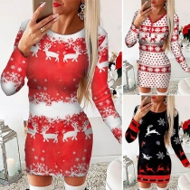 Fashion Long Sleeve Round Neck Printed Christmas Dress