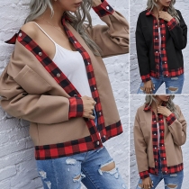 Fashion Plaid Spliced Long Sleeve POLO Collar Coat
