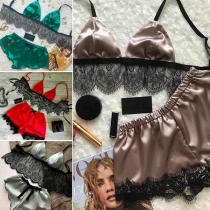 Sexy Backless Lace Spliced Sling Bra + Shorts Nightwear Set