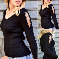 Sexy Hollow Out Long Sleeve V-neck Solid Color Slim Fit Top