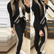 Fashion Sequin Spliced Sweatshirt Coat + Pants Two-piece Set