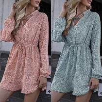 Fresh Style Long Sleeve V-neck High Waist Printed Dress