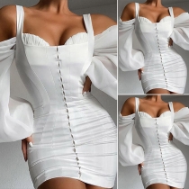 Sexy Off-shoulder Lantern Sleeve Solid Color Slim Fit Sling Dress