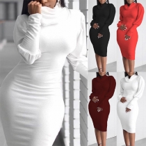 Simple Style Long Sleeve Cowl Neck Solid Color Slim Fit Dress