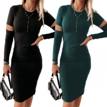 Sexy Hollow Out Long Sleeve Round Neck Solid Color Slim Fit Dress