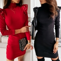 Fashion Long Sleeve Mock Neck Solid Color Beaded Slim Fit Dress