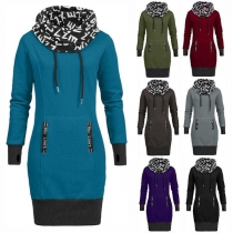 Fashion Letters Printed Spliced Scarf Collar Slim Fit Sweatshirt Dress