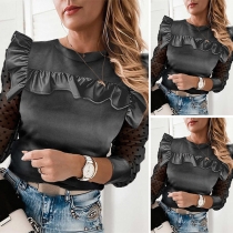 Sexy Gauze Spliced Long Sleeve Round Neck Ruffle Top